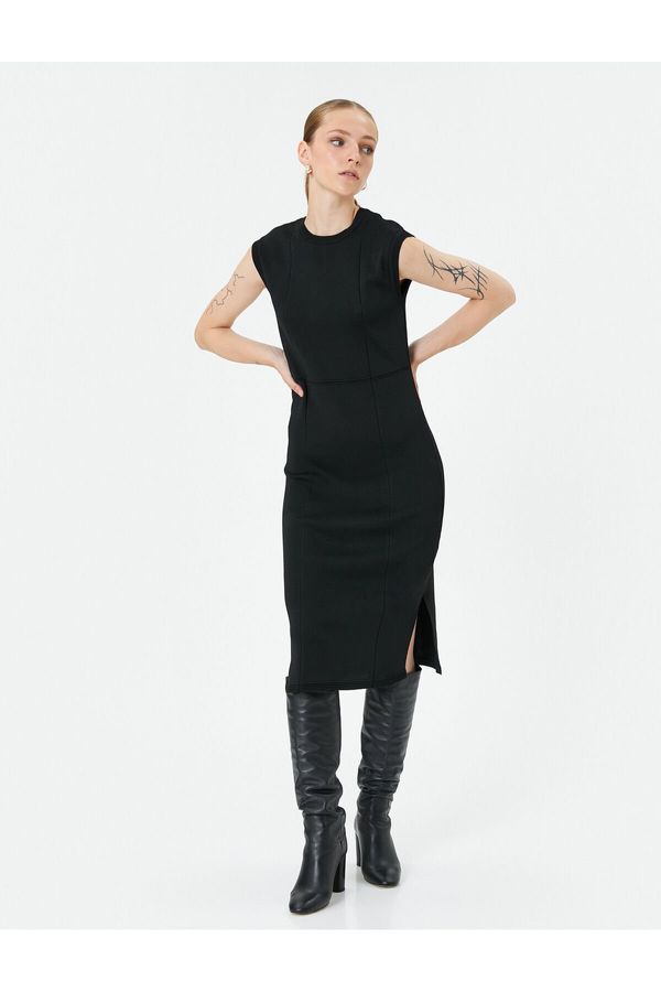 Koton Koton Midi Knitwear Dress Short Sleeve Crew Neck Slit Detailed