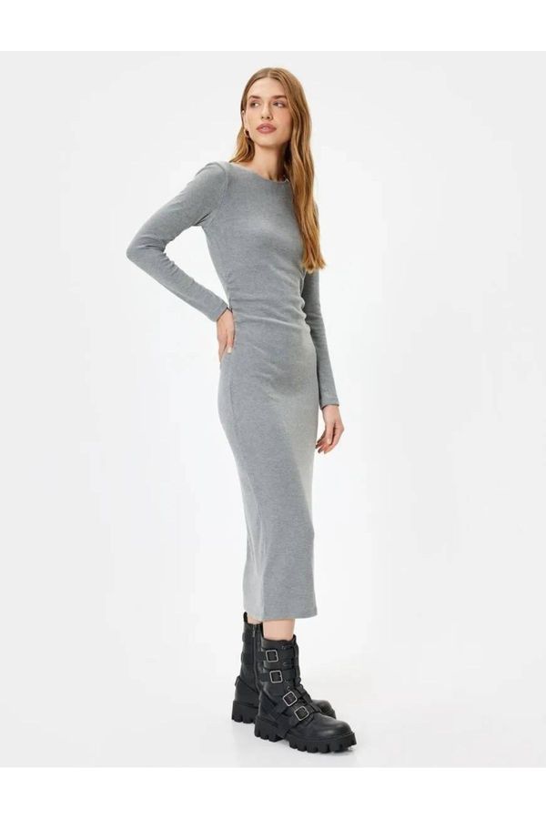 Koton Koton Midi Length Pencil Dress Ribbed Long Sleeve Crew Neck Slim Fit