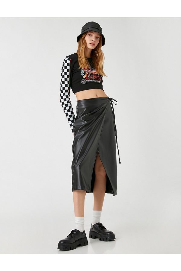 Koton Koton Midi Skirt Leather Look Deep Slit Wrapped Closure