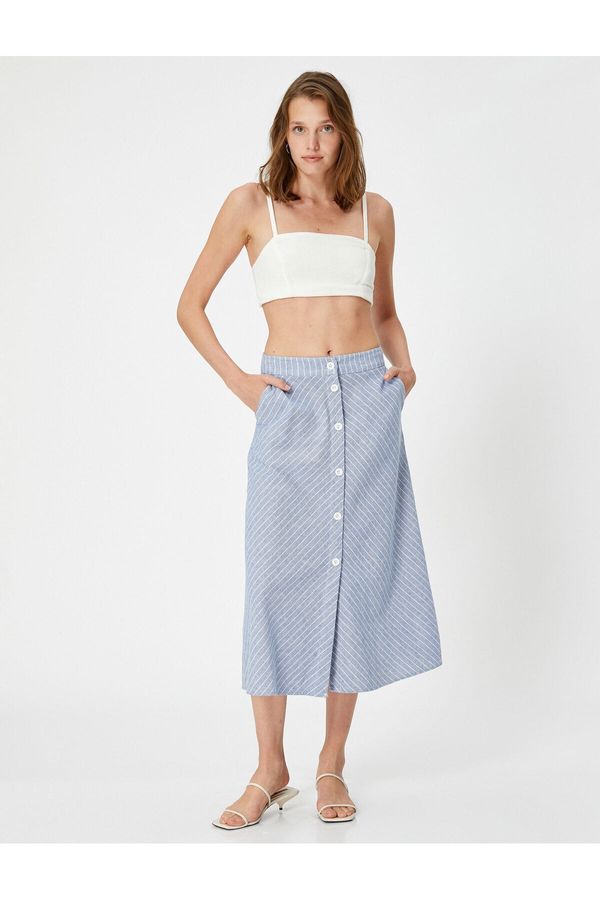 Koton Koton Midi Skirt With Buttons And Slits In The Linen Blend