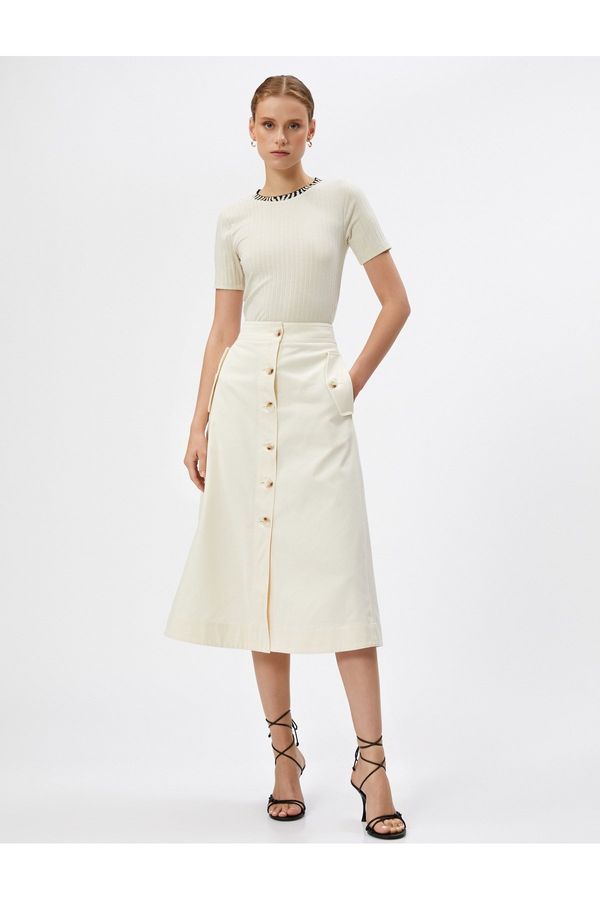 Koton Koton Midi Skirt with Pocket Detailed Buttons and Slits in Cotton