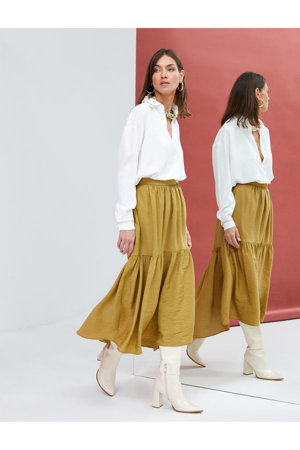 Koton Koton Midi Skirt with Ruffles, Textured Asymmetrical Cut