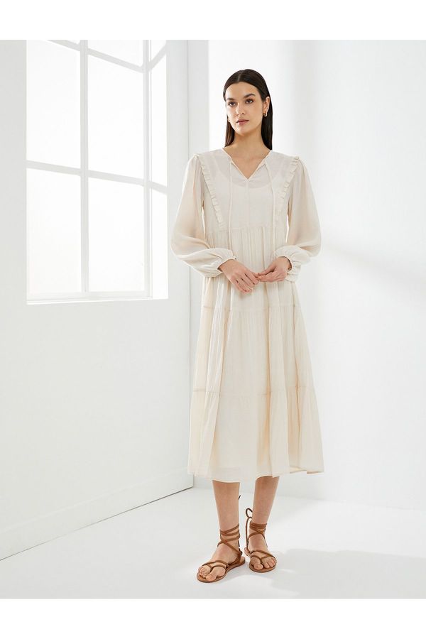 Koton Koton Midi Viscose Dress Balloon Sleeve Tie Collar