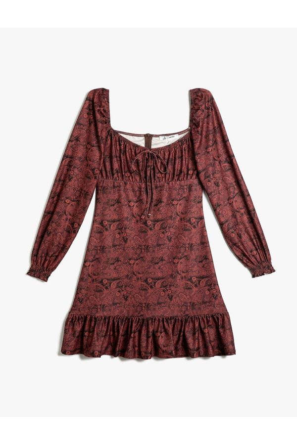 Koton Koton Mini Dress Ethnic Pattern Long Sleeve Frilly Front Tie Detailed