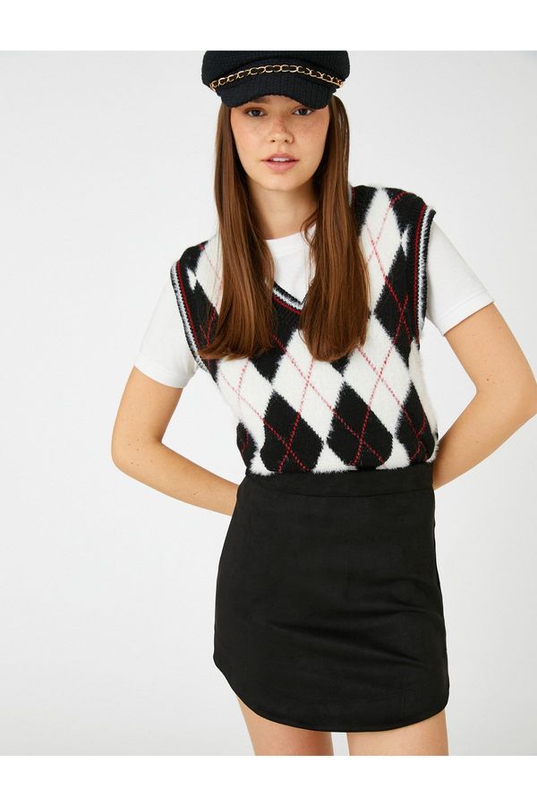 Koton Koton Mini Skirt, Suede Look High Waist, Asymmetrical Cut