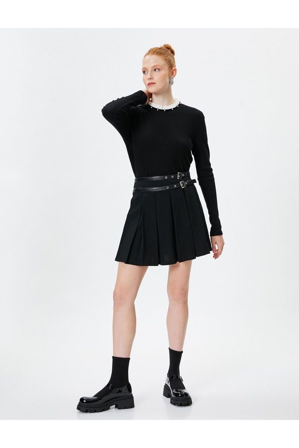 Koton Koton Mini Thick Pleated Skirt Belt Detailed Comfortable Fit