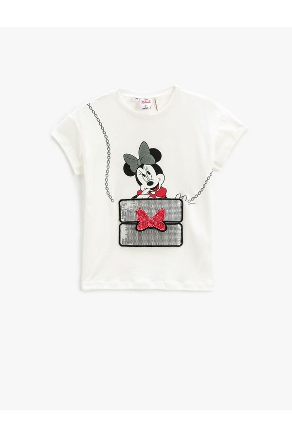 Koton Koton Minnie Mouse T-Shirt - Printed Licensed Sequin Embroidered Short Sleeve Crew Neck