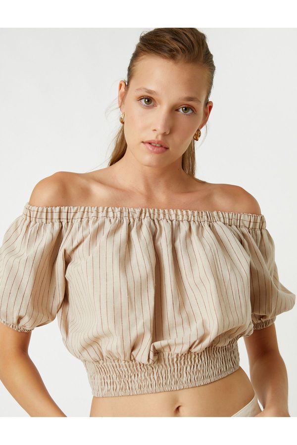 Koton Koton Off Shoulder Crop Blouse with Elastic Waist Linen Blend