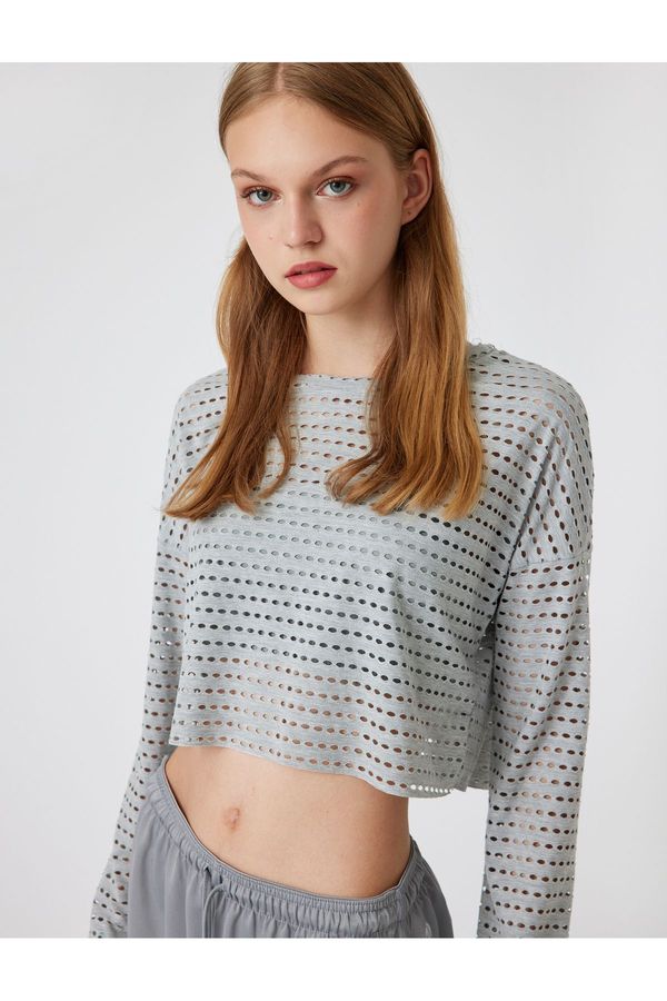 Koton Koton Oversize Crop Sports T-Shirt Crew Neck Openwork Long Sleeve