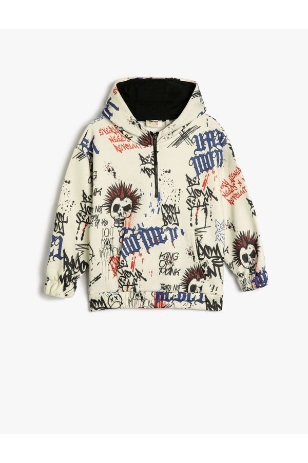 Koton Koton Oversize Hooded Sweatshirt Half Zipper Raised Printed