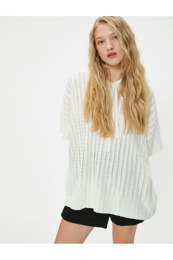 Koton Koton Oversize Knitwear Poncho Hooded Short Sleeve Knitted Patterned