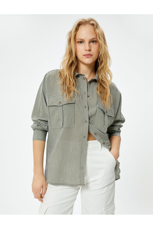 Koton Koton Oversize Shirt Long Sleeve Buttoned Pocket Viscose Blended