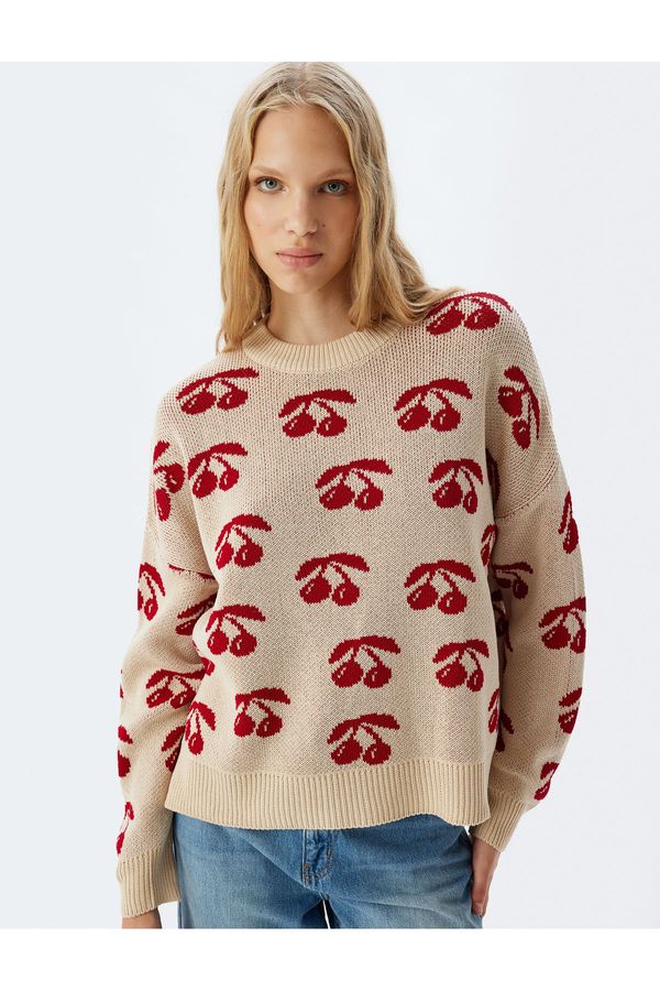 Koton Koton Oversize Sweater Cherry Patterned Crew Neck Long Sleeve