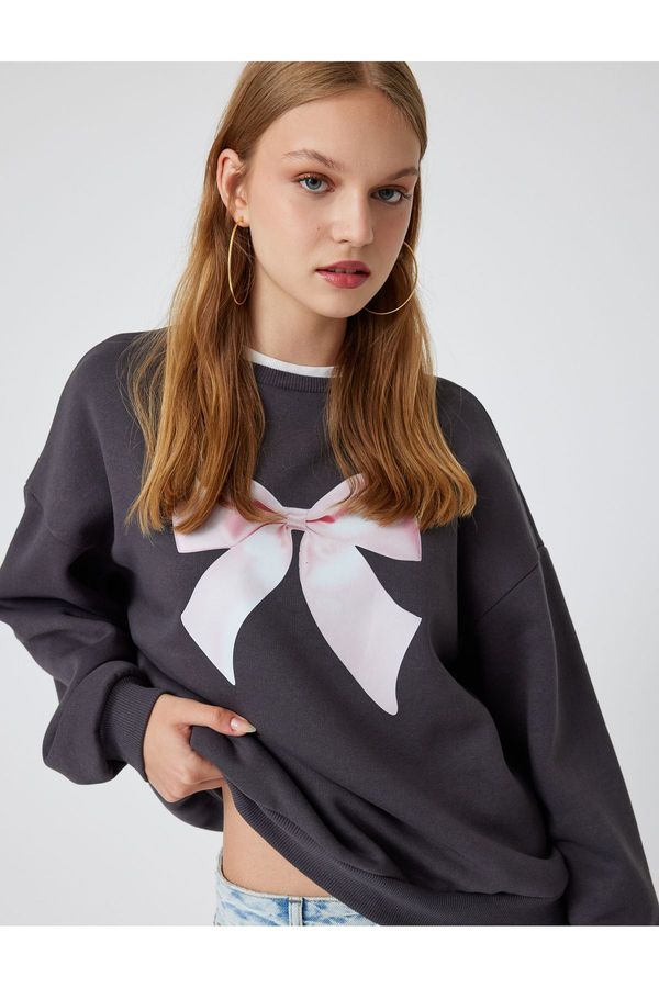 Koton Koton Oversize Sweatshirt Bow Printed Crew Neck Raised