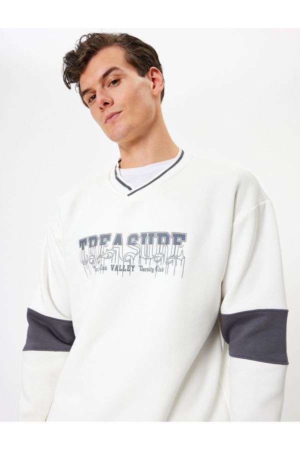 Koton Koton Oversize Sweatshirt V Neck Slogan Printed Sleeve Detail Raised Cotton Blend