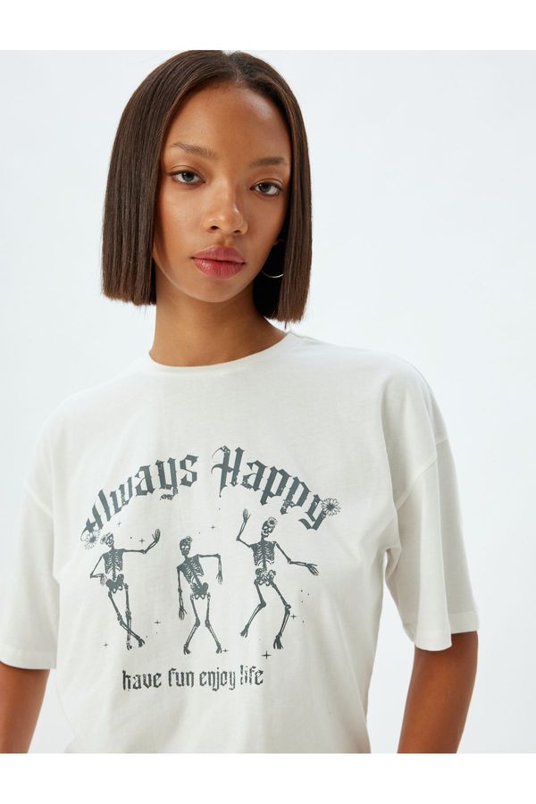 Koton Koton Oversize T-Shirt Slogan Printed Crew Neck Short Sleeve Cotton