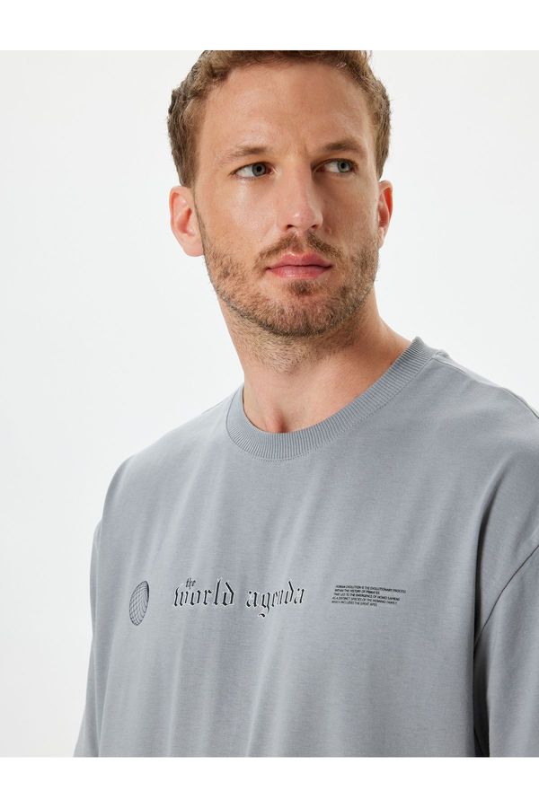Koton Koton Oversize T-Shirt Slogan Printed Crew Neck Short Sleeve Cotton