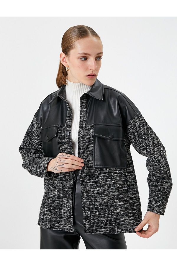 Koton Koton Oversize Tweed Jacket with Faux Leather Detail and Flap Pockets