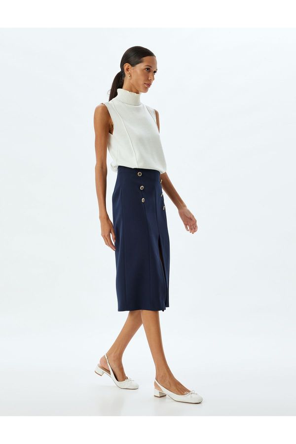 Koton Koton Pencil Midi Skirt with Front Slit and Button Detail