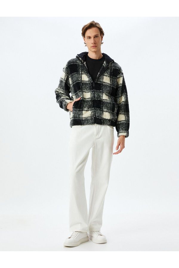Koton Koton Plaid Patterned Hooded Zippered Plush Jacket