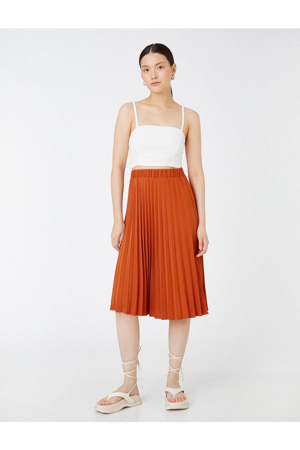 Koton Koton Pleated Midi Length Skirt with Elastic Waist