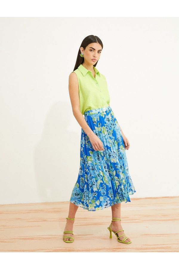 Koton Koton Pleated Midi Skirt Floral Elastic Waist