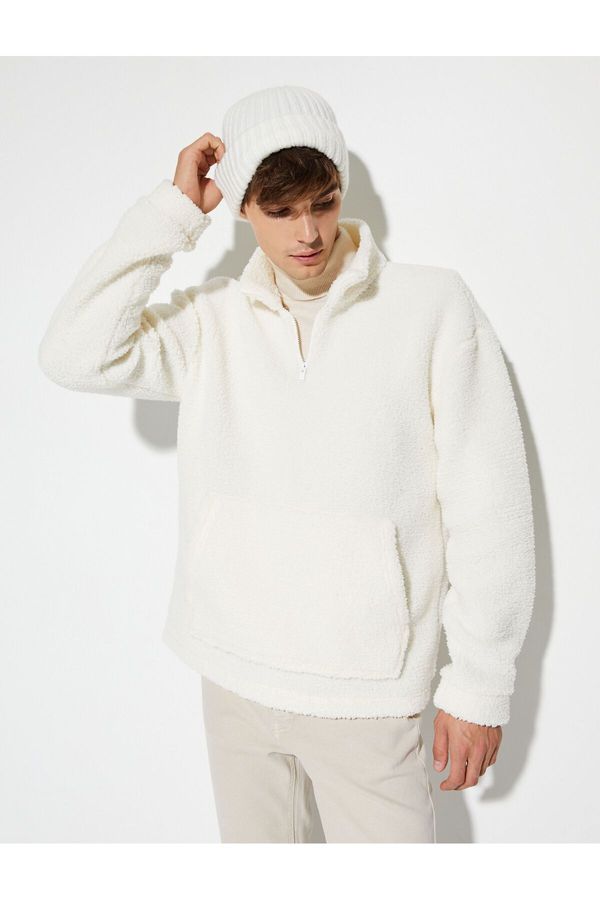 Koton Koton Plush Sweatshirt Half Zipper High Neck Pocket