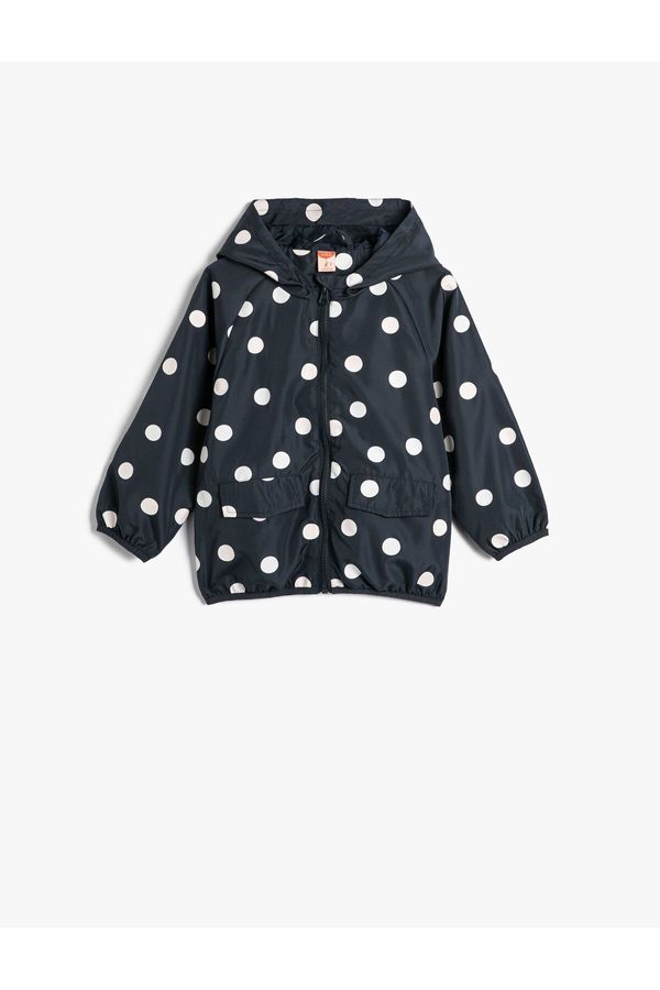 Koton Koton Polka Dot Hooded Coat with Pocket Detail, Cotton Lined that Changes Color in Water