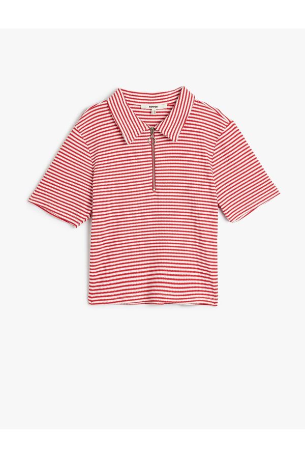Koton Koton Polo Collar Crop T-Shirt Half Zipper Detail Short Sleeve Slim Fit