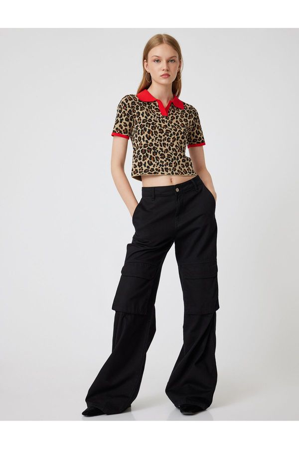 Koton Koton Polo Neck Sweater Leopard Patterned Piping Short Sleeve