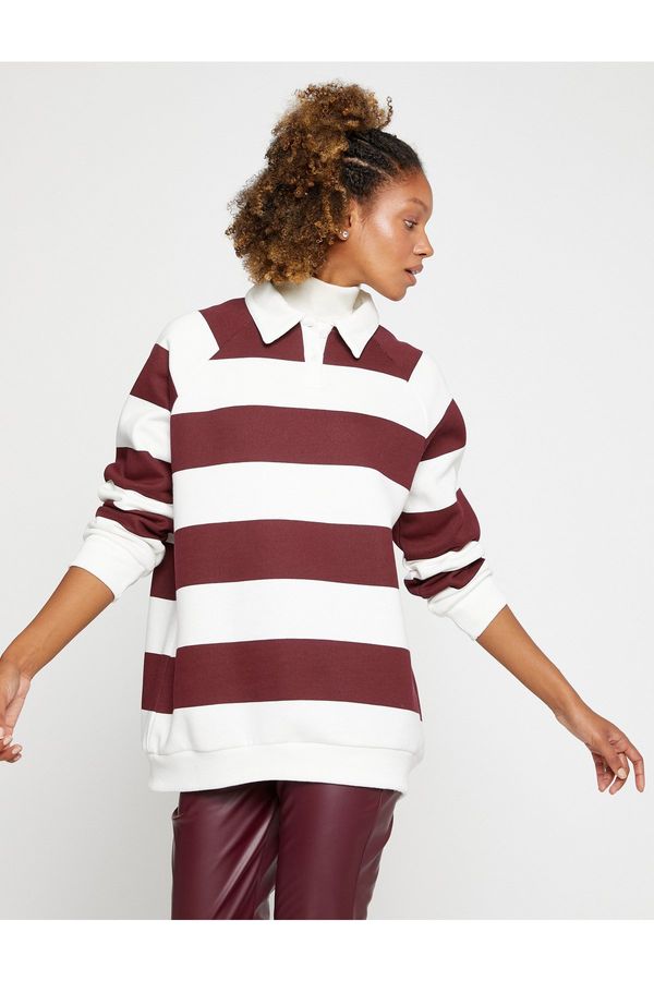 Koton Koton Polo Neck Sweatshirt Oversize Striped Long Sleeve With Fleece Inside