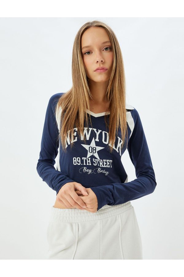 Koton Koton Polo Neck T-Shirt Crop Long Sleeve College Printed Slim Fit