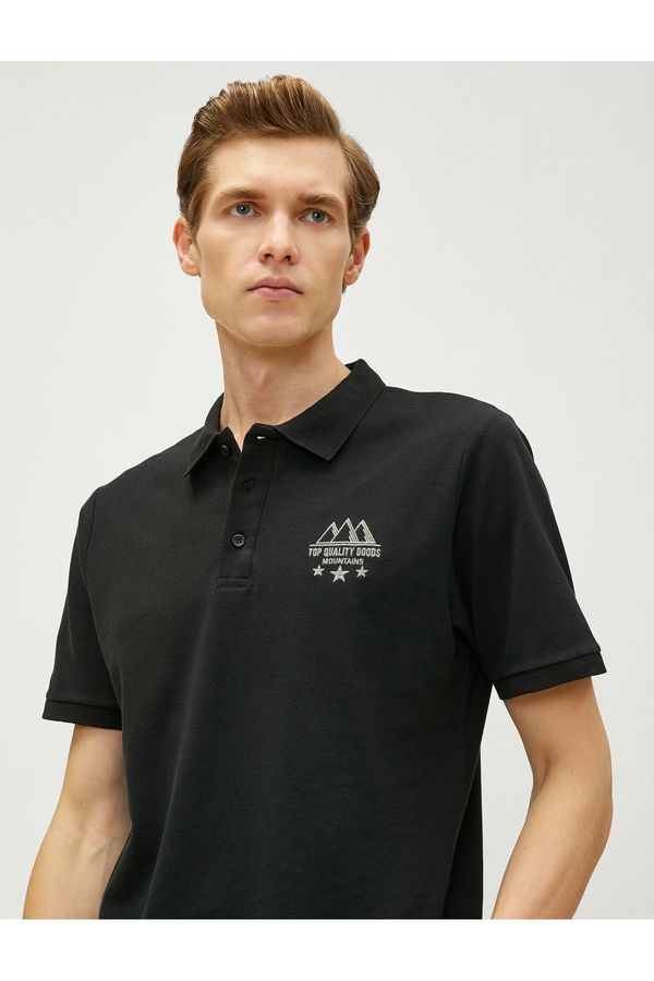 Koton Koton Polo Neck T-Shirt Slim Fit Buttoned Short Sleeve Landscape Embroidered