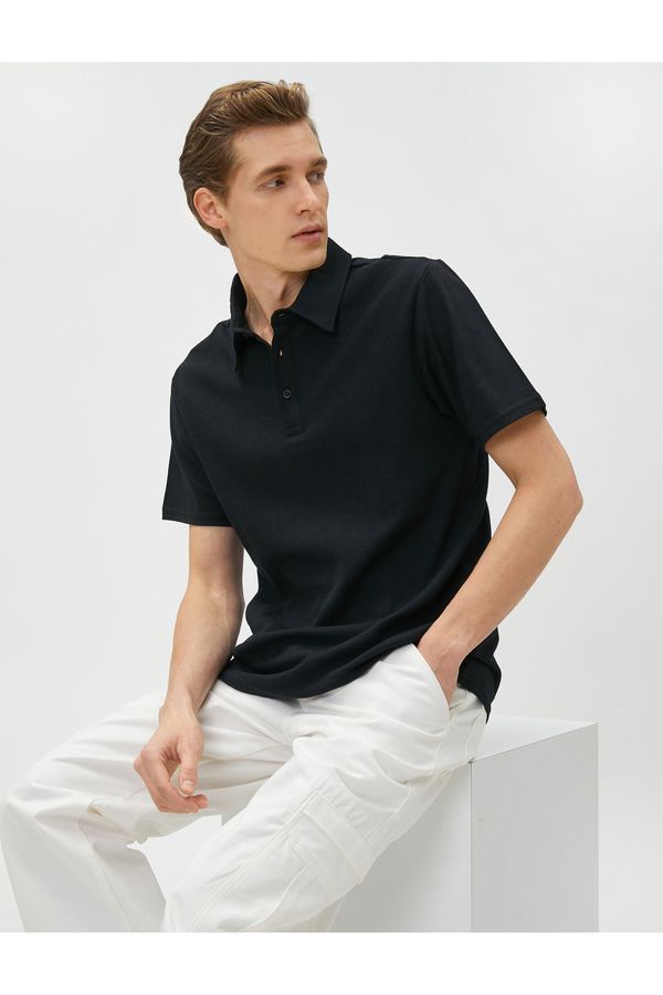 Koton Koton Polo Neck T-Shirt with Textured Buttons Slim Fit Short Sleeve