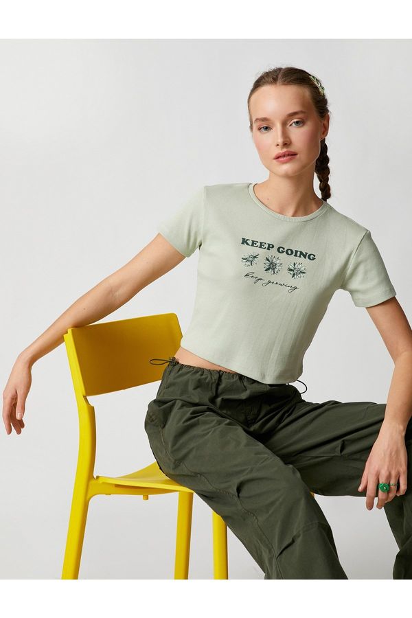 Koton Koton Printed Crop T-Shirt, Crew Neck Short Sleeves
