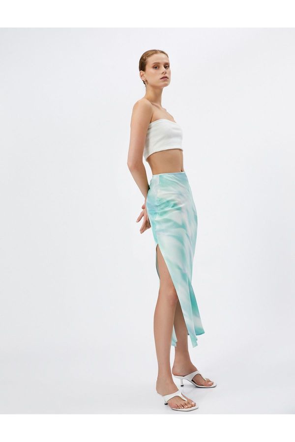 Koton Koton Satin Midi Skirt with Slit Batik Patterned A-Line Viscose