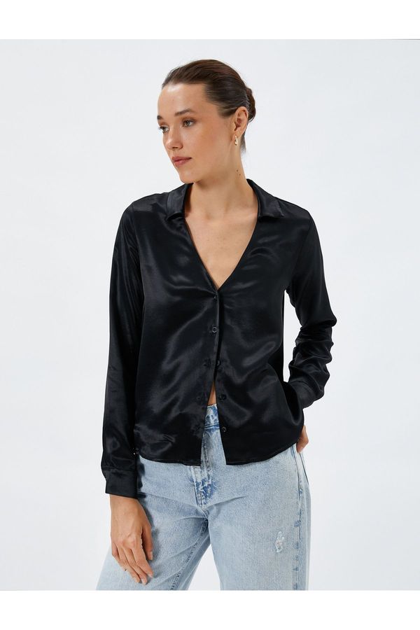 Koton Koton Satin Shirt Classic V-Neck Buttoned Long Sleeve