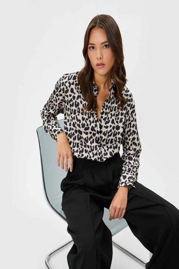 Koton Koton Satin Shirt Leopard Patterned Pocket Buttoned Long Sleeve