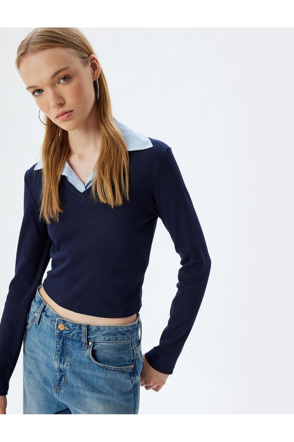 Koton Koton Shirt Collar T-Shirt Long Sleeve Camisole Cotton Slim Fit