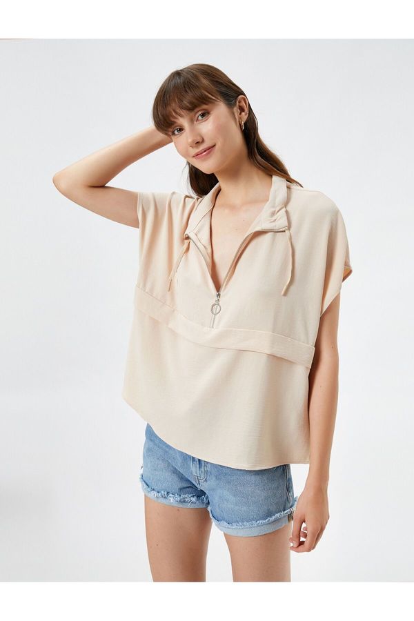 Koton Koton Short Sleeve Blouse Half Zipper with Lace Collar