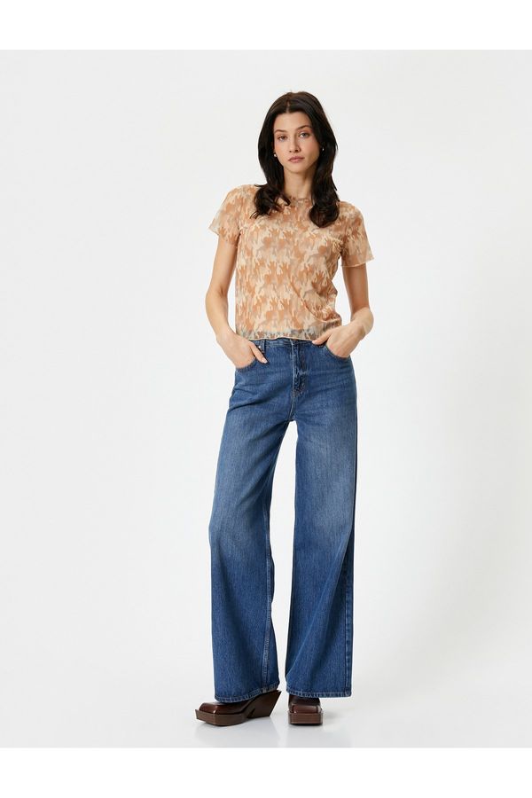 Koton Koton Short Sleeve Camouflage Print Crop T-Shirt