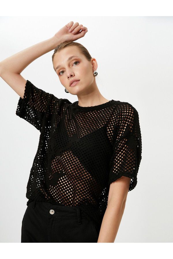 Koton Koton Short Sleeve Mesh Sweater Crew Neck Openwork