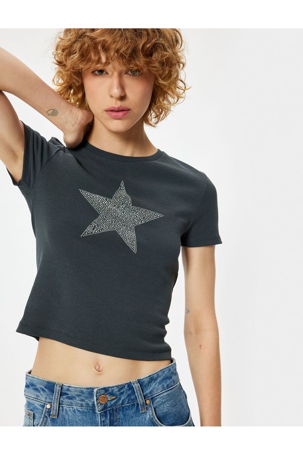 Koton Koton Short Sleeve T-Shirt Crew Neck Stone Detailed Star Printed Slim Fit