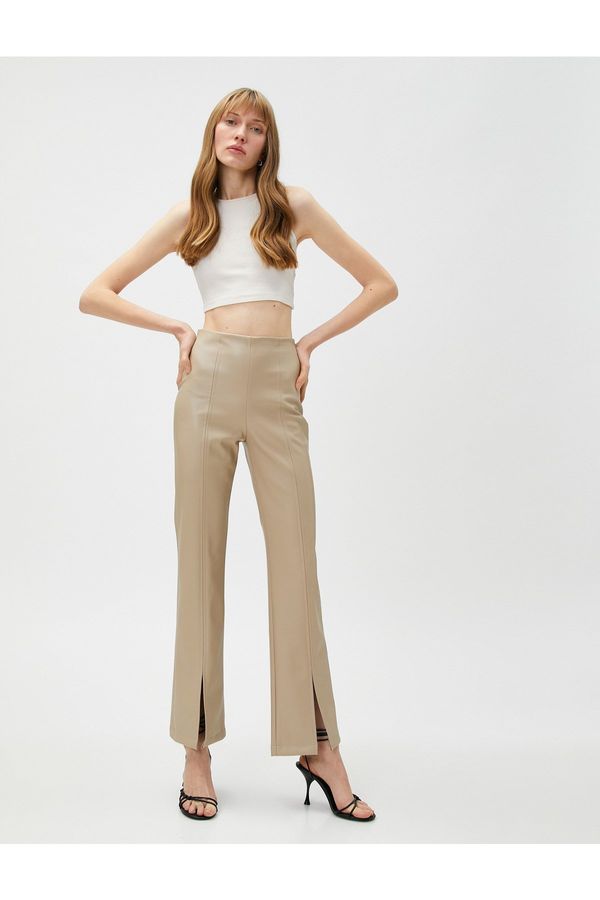 Koton Koton Slit Trousers Faux Leather Ribbed Wide Legs