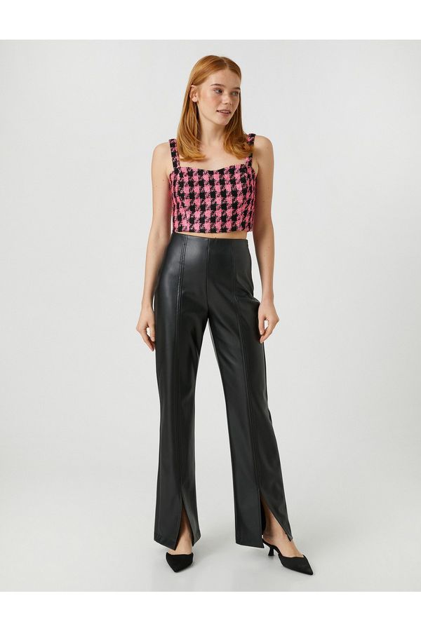 Koton Koton Slit Trousers Faux Leather Ribbed Wide Legs