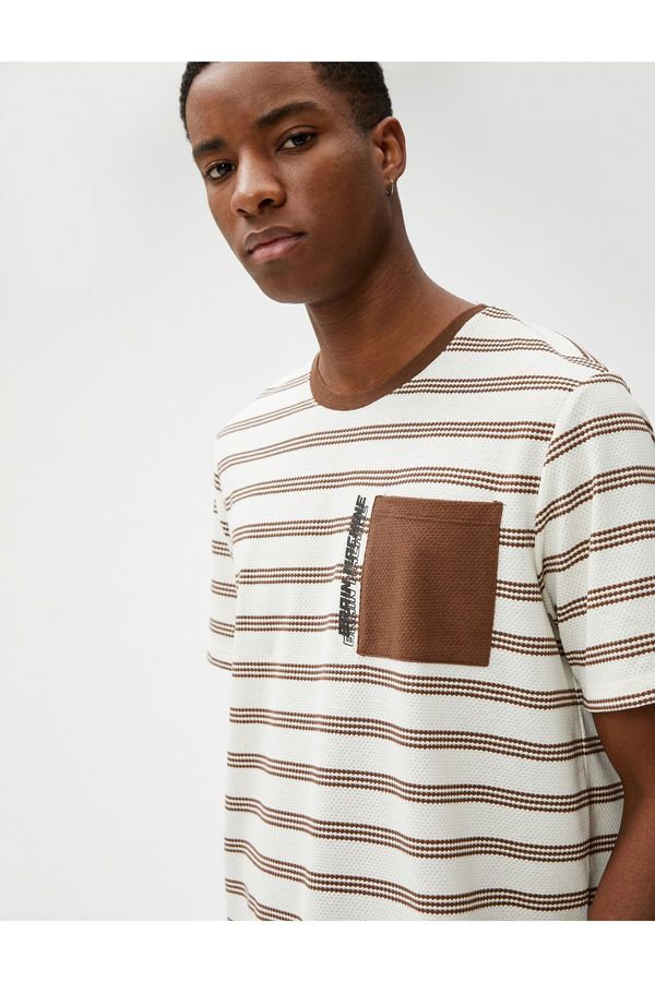 Koton Koton Slogan Embroidered T-Shirt Pocket Detailed Textured Crew Neck