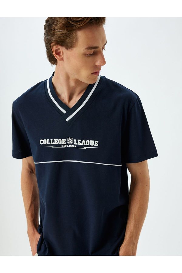 Koton Koton Slogan Printed T-Shirt Short Sleeve V Neck Cotton