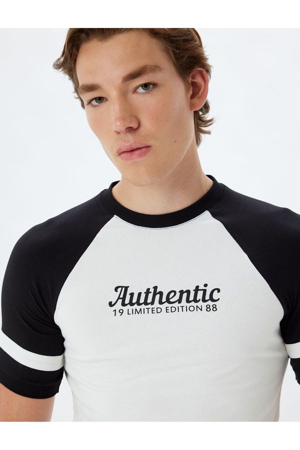 Koton Koton Slogan Printed T-Shirt Slim Fit Crew Neck Short Sleeve Piping Cotton