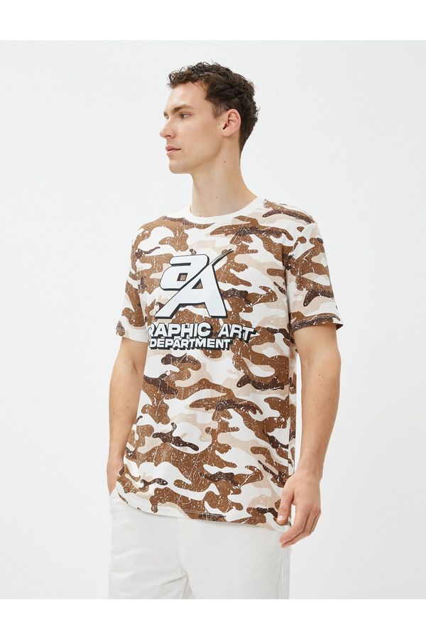 Koton Koton Slogan Printed T-Shirt with Camouflage Detailed Crew Neck Short Sleeves.