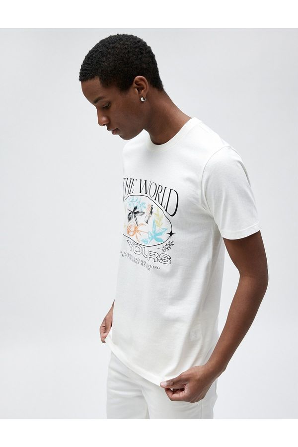 Koton Koton Slogan Printed T-Shirt with Floral Detail, Slim Fit Crew Neck Cotton.